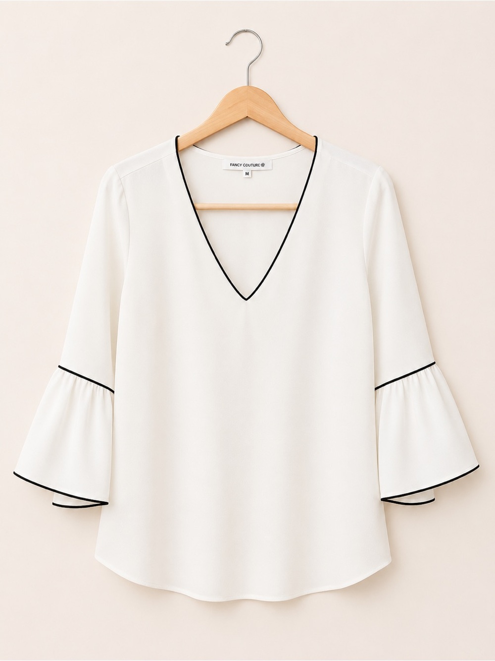 Calvin Klein Ivory Bell Sleeve Blouse | Black Trim | Size Small